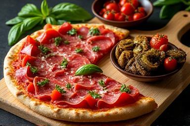 Various cured meats and vegetables for pizza toppings